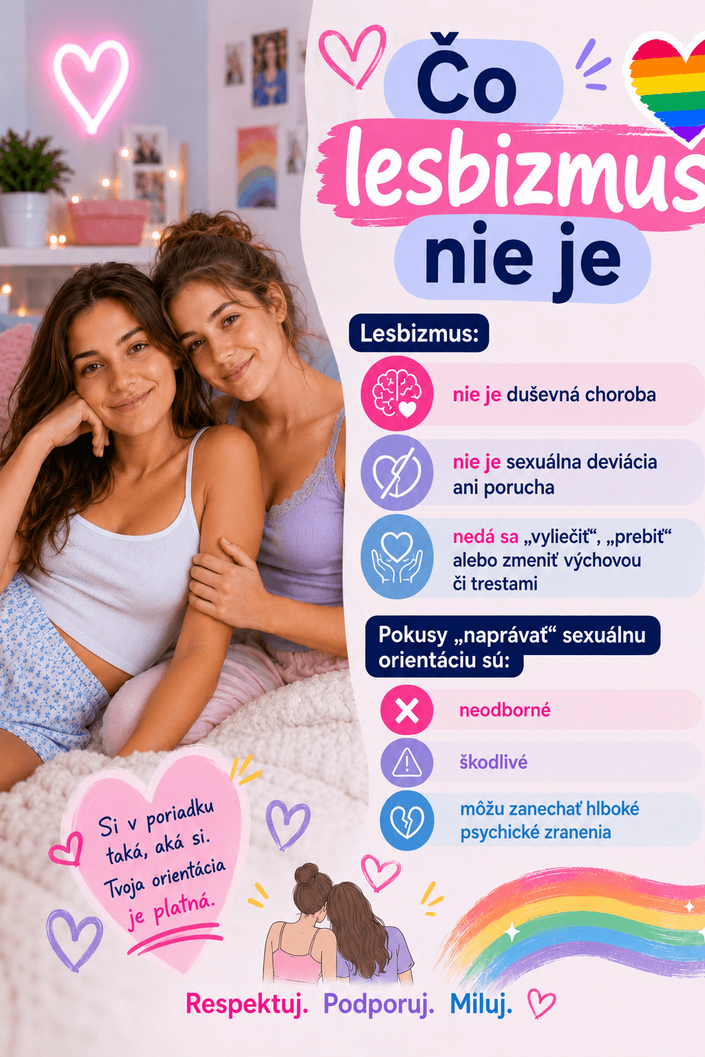 Lesbizmus nie je choroba, porucha ani fáza. Pokusy meniť sexuálnu orientáciu sú škodlivé a môžu človeku psychicky ublížiť.