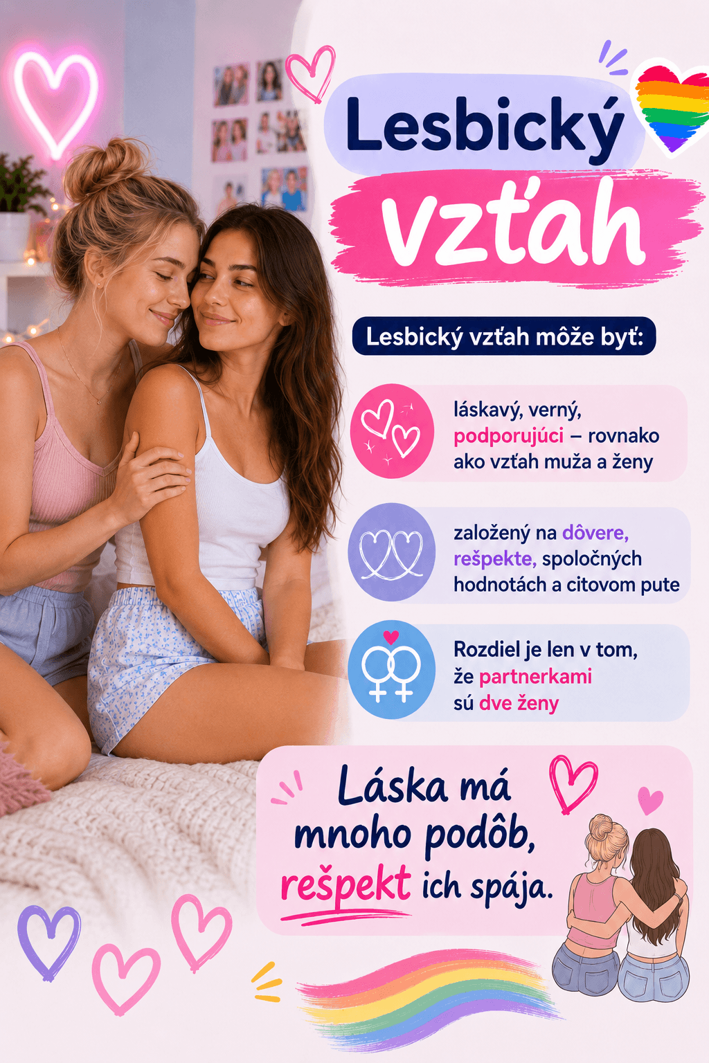 Lesbický vzťah môže byť rovnako láskavý, verný a podporujúci ako ktorýkoľvek iný vzťah založený na dôvere, rešpekte a vzájomnej blízkosti.