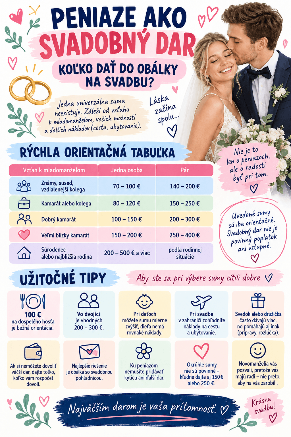 Pri svadobnom dare neexistuje jedna správna suma. Rozhoduje najmä vzťah k mladomanželom, počet hostí, vaše finančné možnosti a prípadné ďalšie výdavky spojené so svadbou.