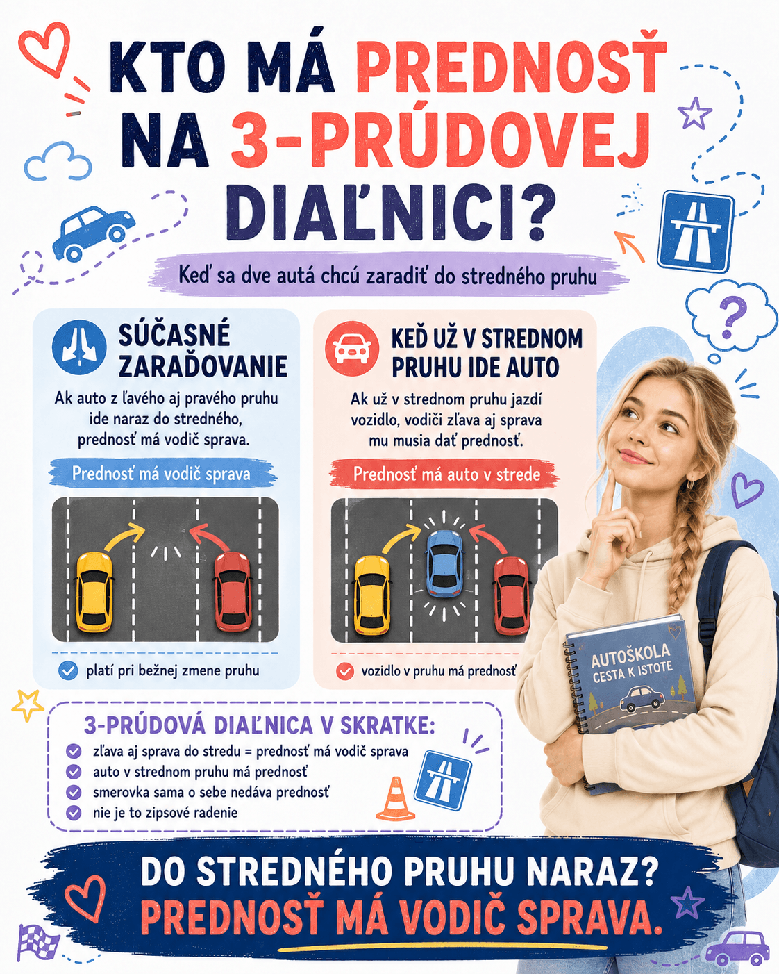 Ak sa vodiči z ľavého aj pravého pruhu chcú súčasne zaradiť do voľného stredného pruhu, prednosť má vodič prichádzajúci sprava.