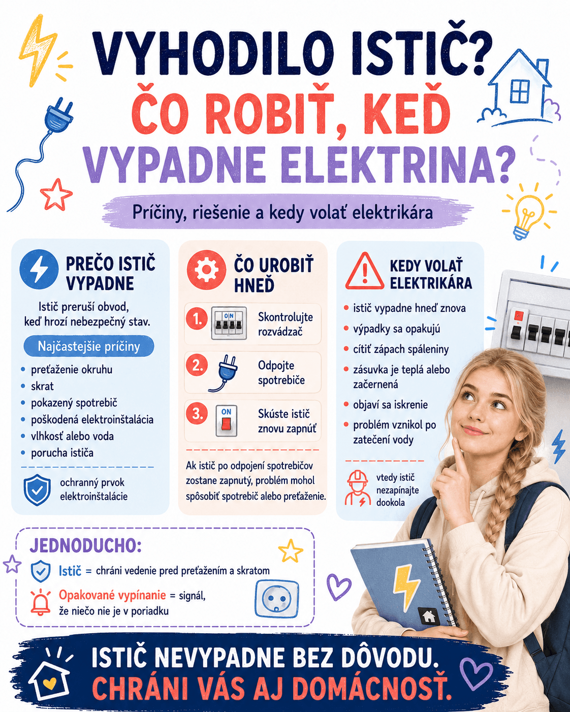 Istič chráni elektroinštaláciu pred preťažením a skratom. Ak vypadáva opakovane alebo sa objaví zápach spáleniny či iskrenie, problém by mal skontrolovať elektrikár.