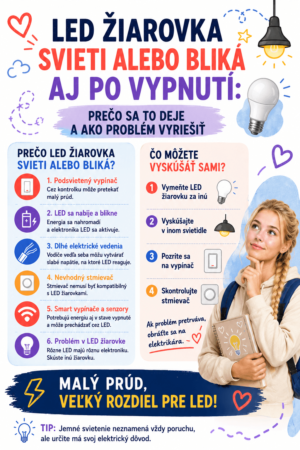 LED žiarovka môže po vypnutí jemne svietiť alebo blikať pre malý zvyškový prúd, podsvietený vypínač, nevhodný stmievač či citlivú elektroniku LED.