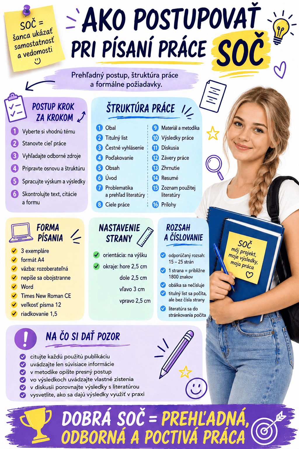 Pri písaní práce SOČ je dôležité postupovať systematicky, dodržať správnu štruktúru, formálne požiadavky a pracovať s dôveryhodnými odbornými zdrojmi.