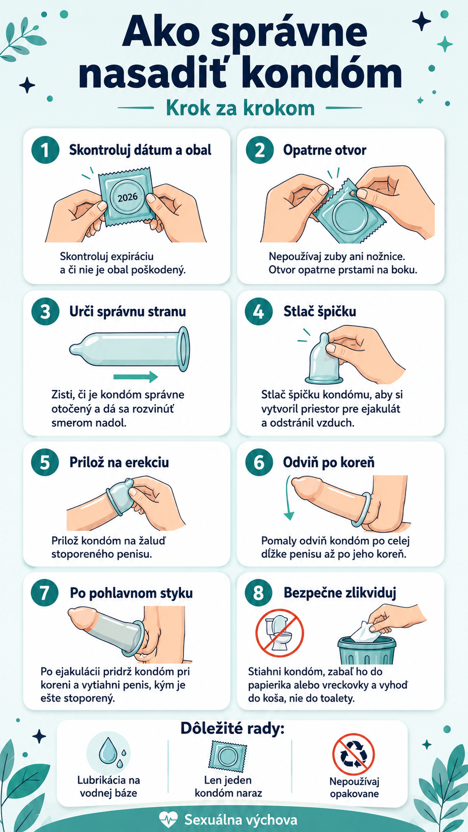 Jednoduchý návod, ako správne nasadiť kondóm krok za krokom – od kontroly obalu až po bezpečné vyhodenie.