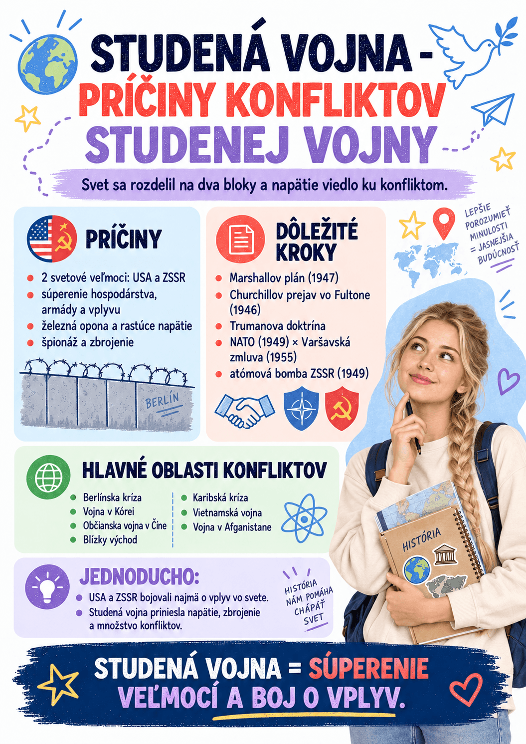 Studená vojna rozdelila svet na dva mocenské bloky vedené USA a ZSSR. Napätie zvyšovalo zbrojenie, súperenie o vplyv a vznik vojenských paktov NATO a Varšavskej zmluvy.