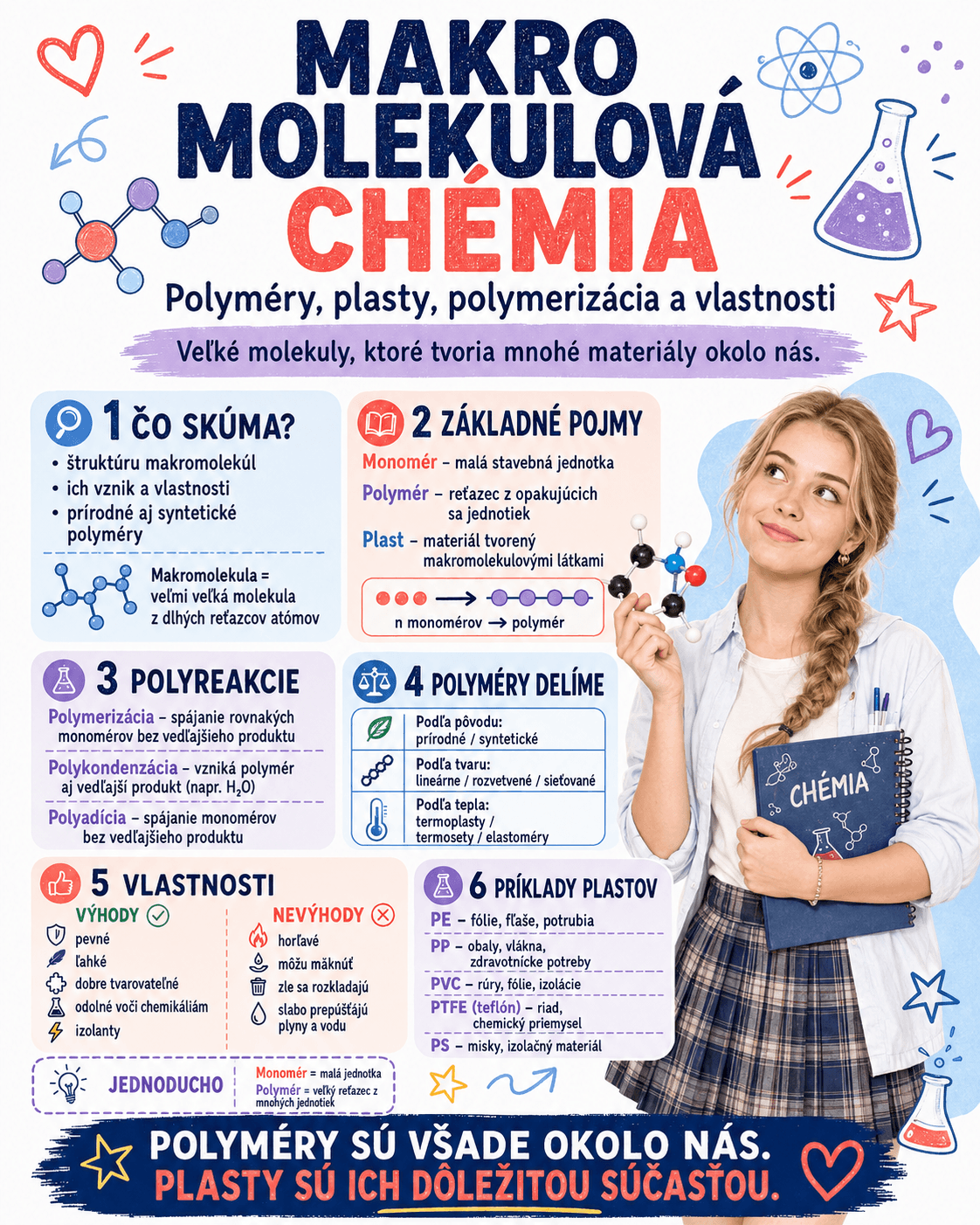 Makromolekulová chémia skúma vznik, štruktúru a vlastnosti polymérov a plastov, ktoré vznikajú spájaním menších stavebných jednotiek – monomérov.