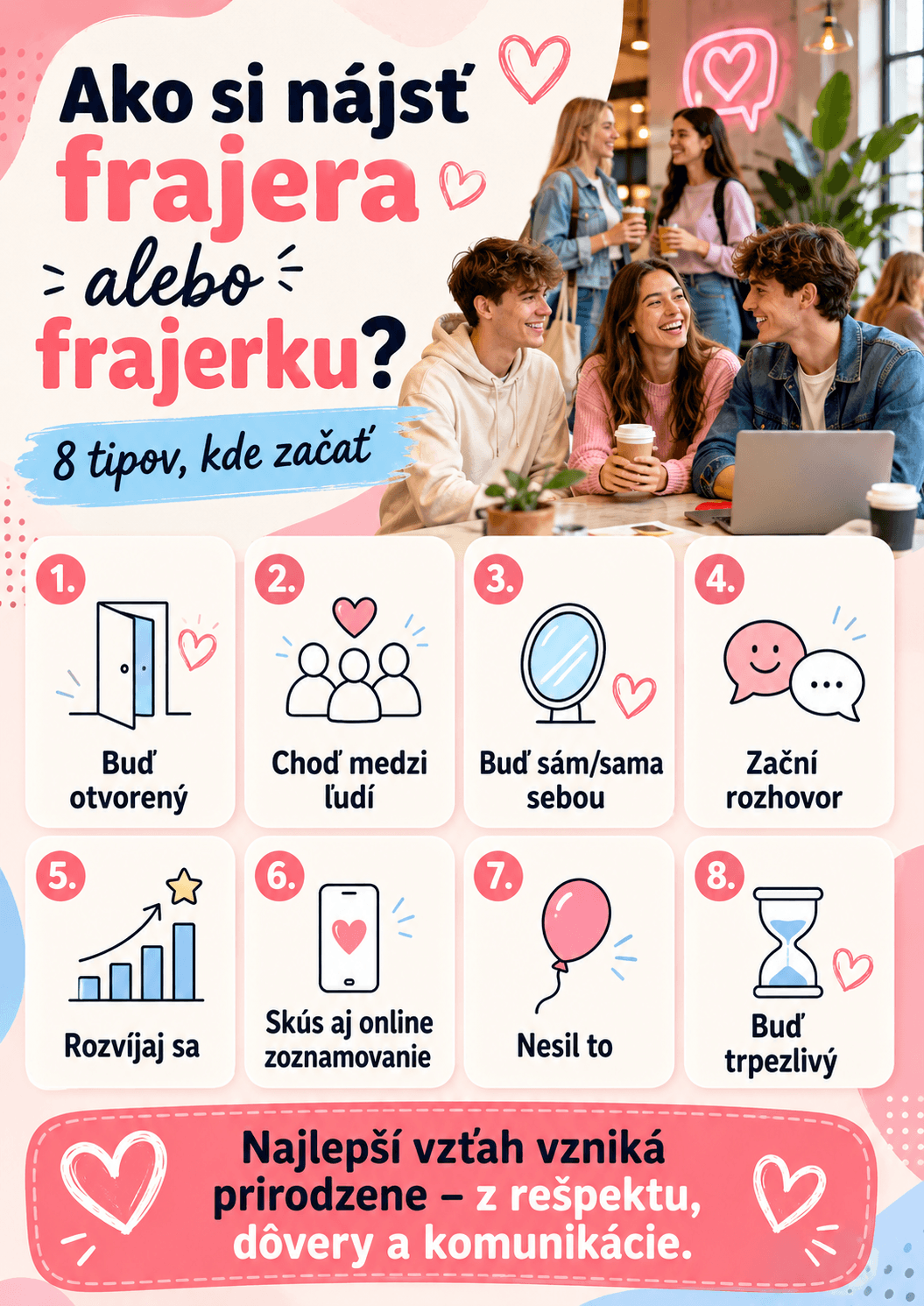 Frajera alebo frajerku si človek najľahšie nájde vtedy, keď je otvorený novým ľuďom, chodí medzi rovesníkov, zostáva sám sebou a netlačí na vzťah nasilu. Najlepšie vzťahy často vznikajú prirodzene – z priateľstva, spoločných záujmov, rešpektu a dobrej komunikácie.