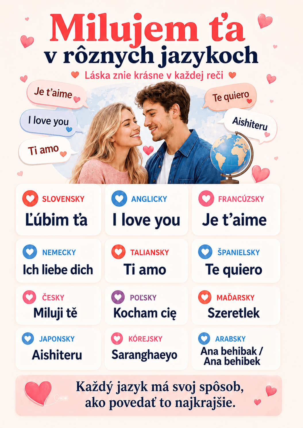 Láska sa dá vyjadriť mnohými spôsobmi a v každom jazyku znie trochu
inak. Najznámejšie vyznania ako „I love you“, „Je t’aime“, „Ti amo“ či „Te quiero“ ukazujú, že slová lásky sú krásne bez
ohľadu na krajinu alebo reč.