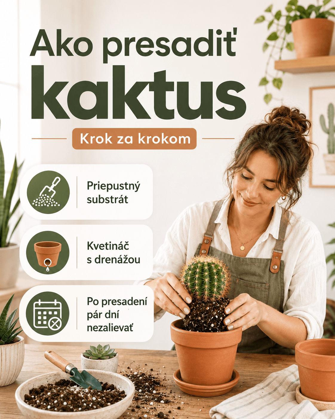 Pri presádzaní kaktusu použite priepustný substrát a kvetináč s drenážnym otvorom. Po výmene nádoby rastlinu niekoľko dní nezalievajte, aby sa korene mohli zregenerovať.
