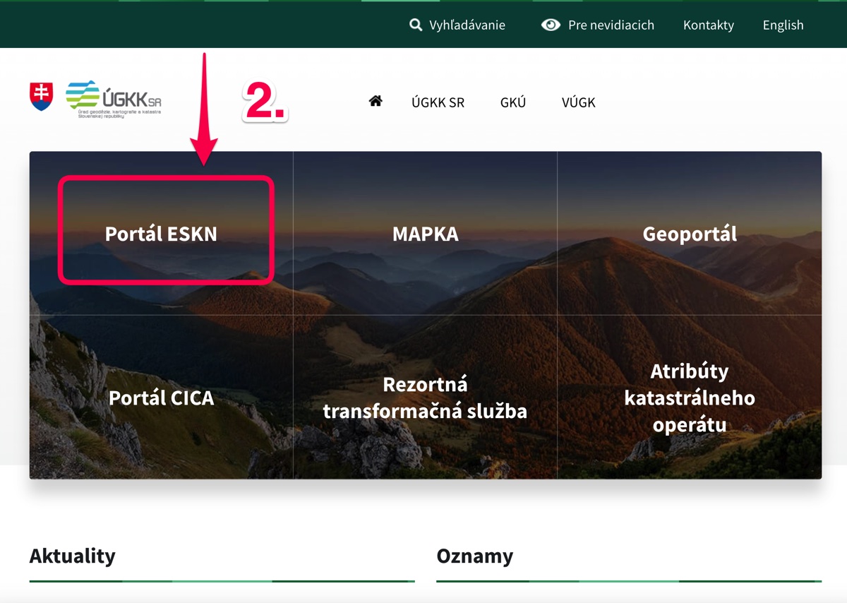 Kliknite na Portál ESKN (Elektronické údaje katastra nehnuteľností).