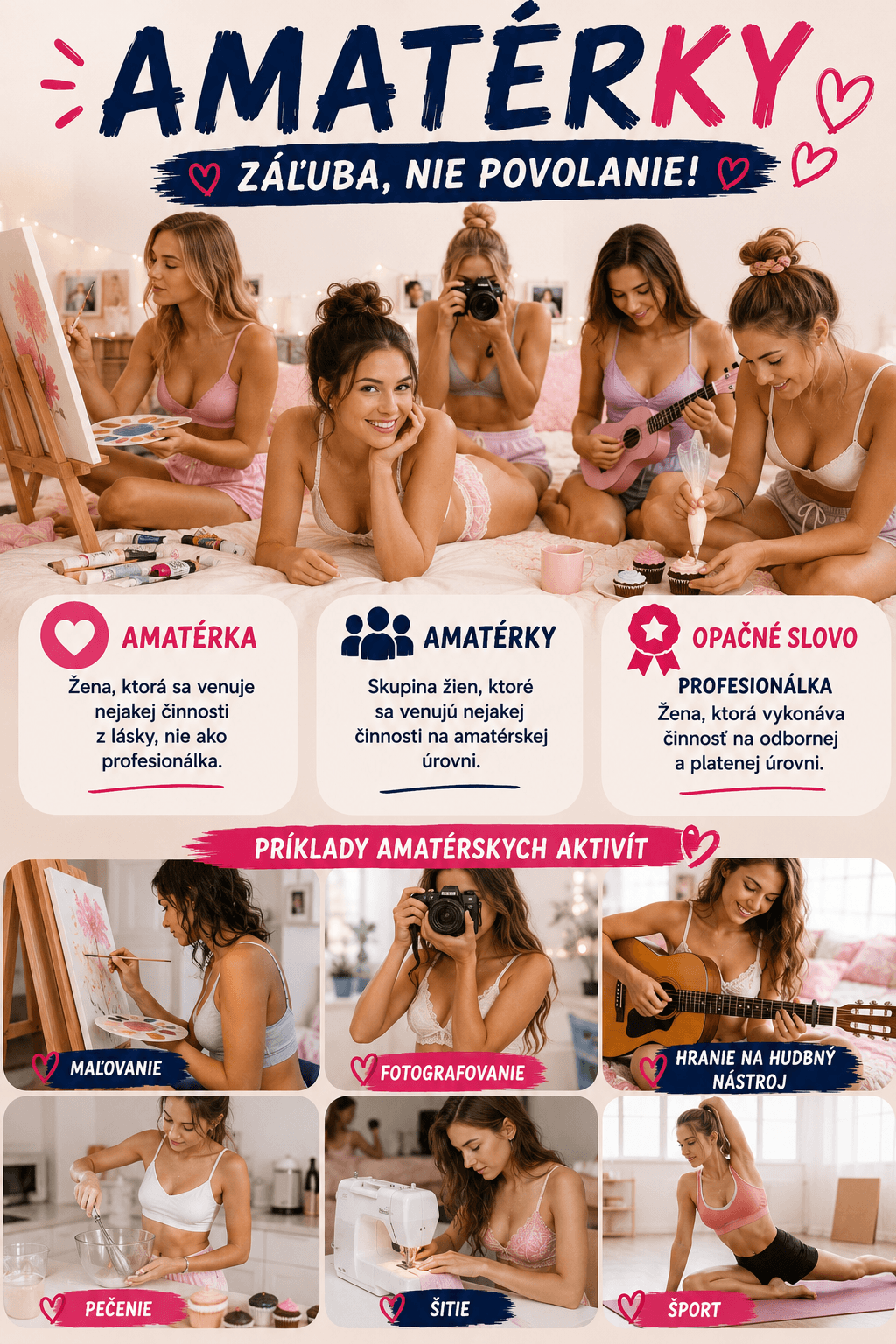 Medzi amatérske aktivity môže patriť maľovanie, fotografovanie, hra na hudobný nástroj, pečenie, šitie aj šport.