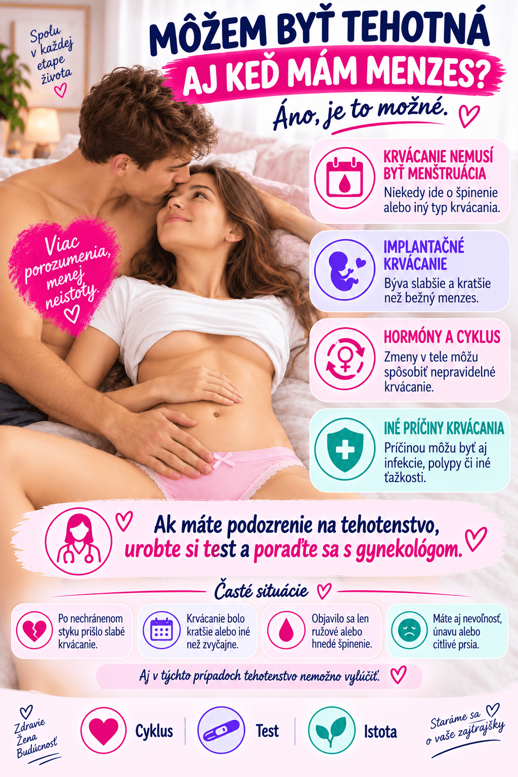 Krvácanie nemusí vždy znamenať skutočnú menštruáciu, preto pri nezvyčajnom alebo slabšom krvácaní po rizikovom styku tehotenstvo nemožno úplne vylúčiť.
