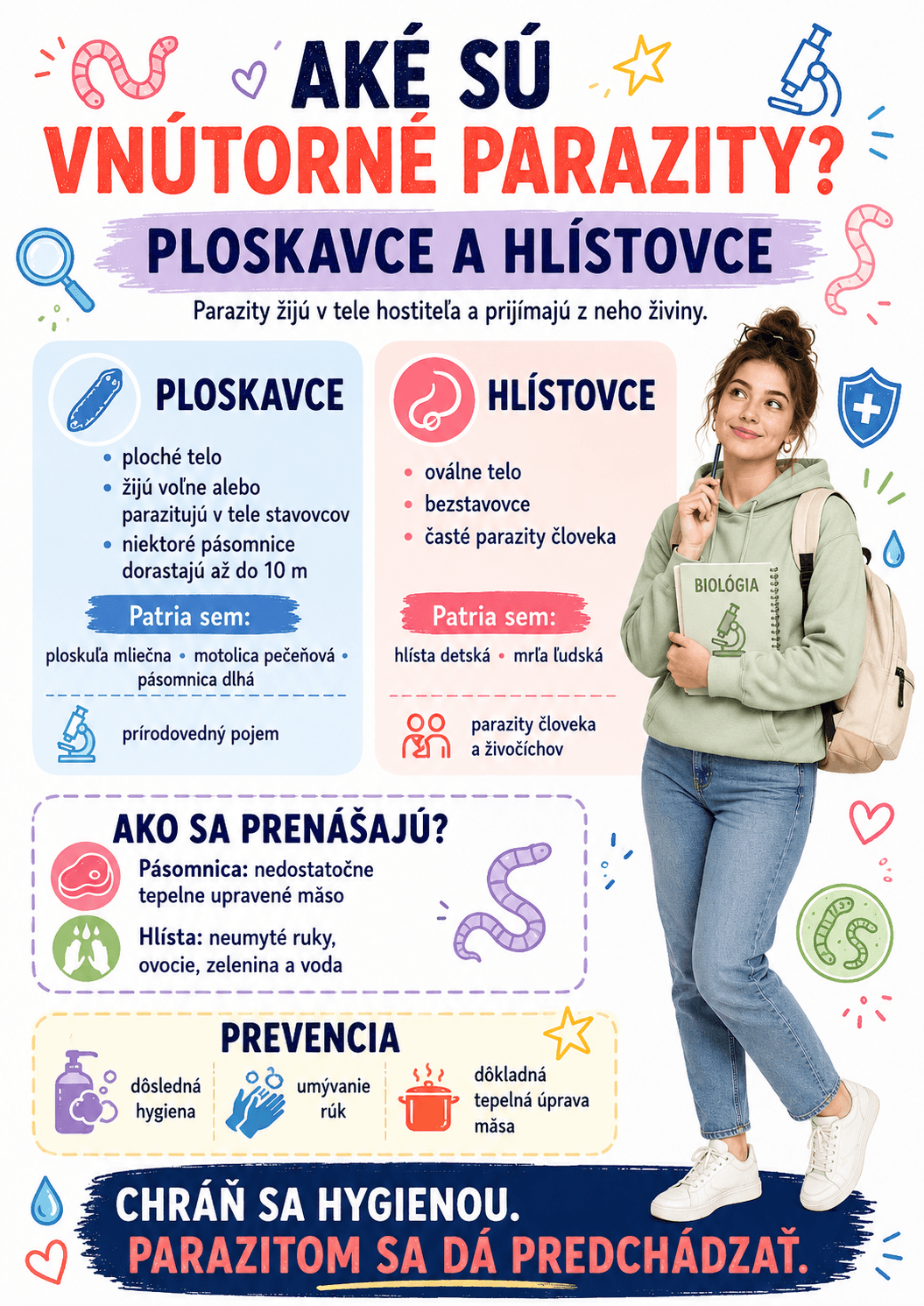 Vnútorné parazity, ako sú ploskavce a hlístovce, môžu žiť v tele človeka alebo zvierat a získavať z hostiteľa potrebné živiny. Dôležitou ochranou pred nákazou je dôsledná hygiena, umývanie potravín a dostatočná tepelná úprava mäsa.