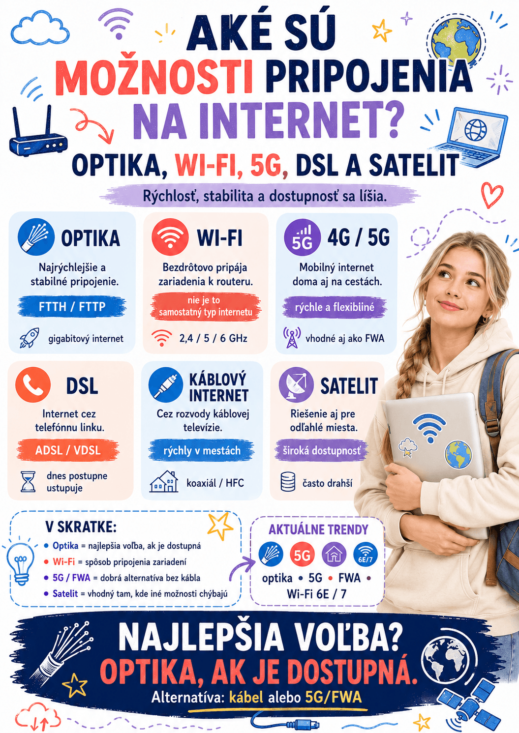 Medzi hlavné možnosti pripojenia na internet patria optické, káblové, DSL, mobilné 4G/5G a satelitné pripojenie. Wi-Fi pritom slúži najmä na bezdrôtové pripojenie zariadení k routeru.