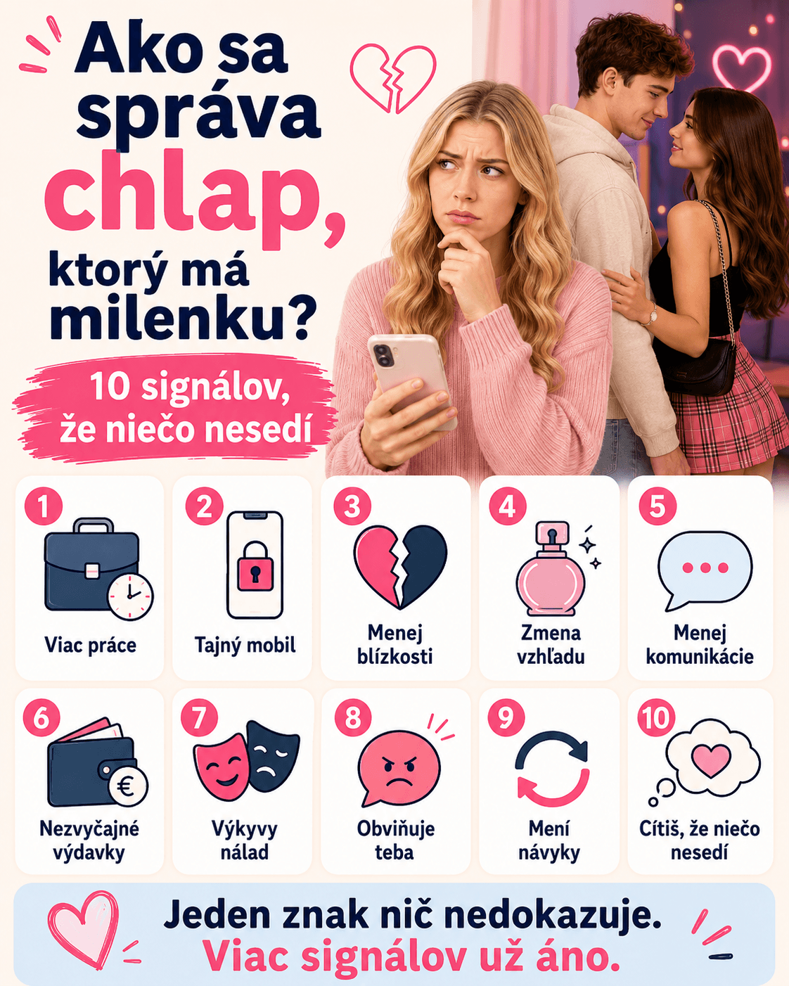 Ak sa partner začne správať tajnostkársky, viac si chráni mobil, trávi menej času doma, mení svoje návyky alebo sa citovo vzďaľuje, môže to byť signál, že vo vzťahu niečo nesedí. Jeden znak však nič nedokazuje, dôležité sú opakované zmeny a úprimný rozhovor.