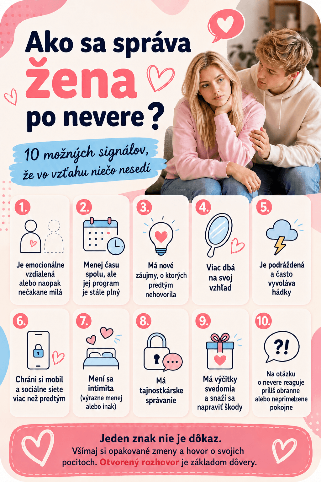 Správanie po nevere sa môže prejaviť citovým odstupom, tajnosťami, zmenou intimity, častejšími hádkami alebo výčitkami svedomia. Jeden znak však nie je dôkaz, dôležité sú opakované zmeny a otvorený rozhovor.