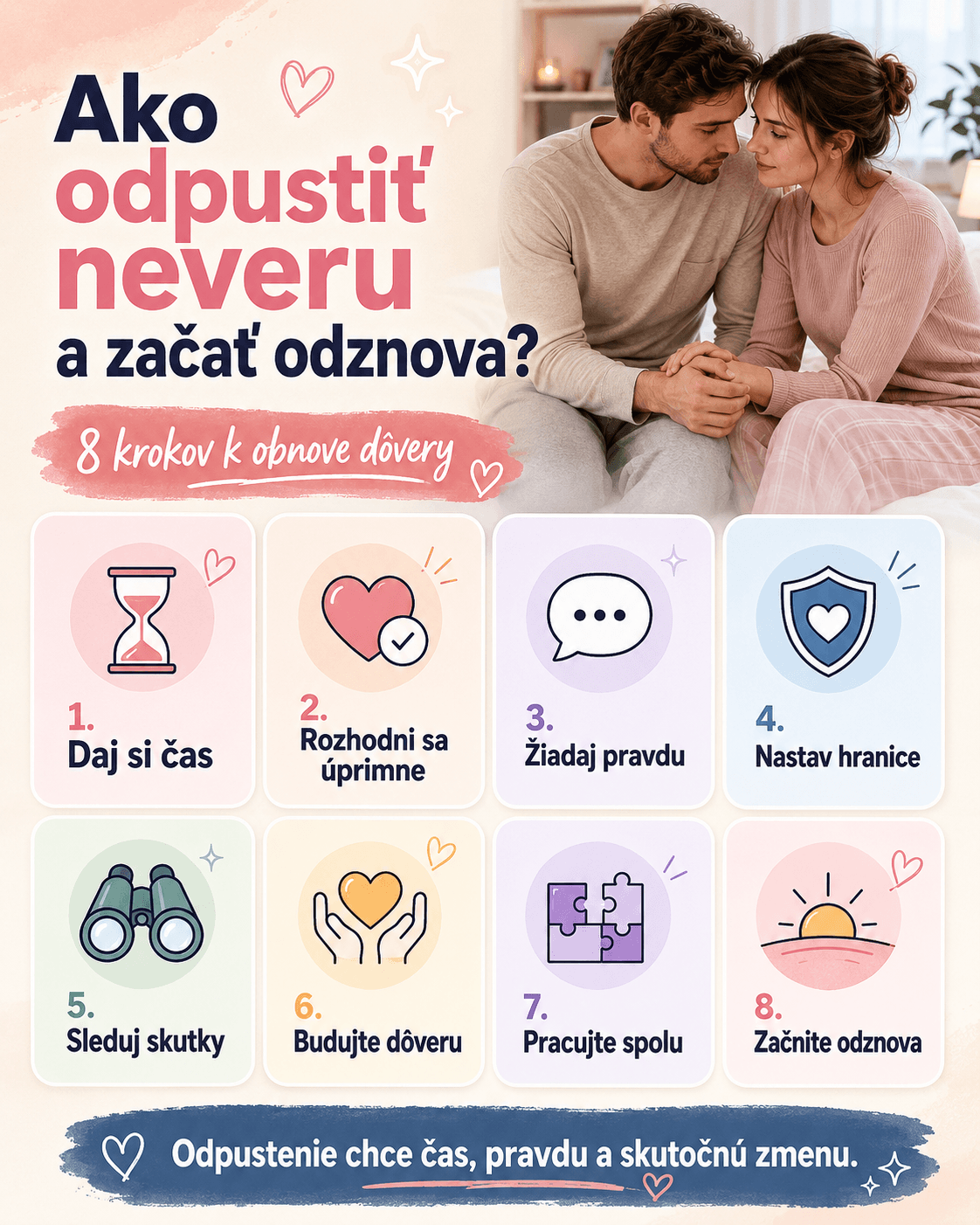 Odpustenie nevery je dlhý proces, ktorý si vyžaduje čas, úprimnosť, jasné hranice a skutočnú zmenu správania. Dôvera sa neobnoví slovami, ale najmä opakovanými činmi.