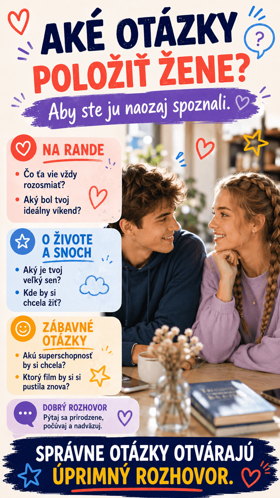 Otázky ako „Čo ťa vie vždy rozosmiať?“, „Aký je tvoj najväčší sen?“ alebo „Kde by si chcela žiť?“ pomáhajú na rande prirodzene rozprúdiť rozhovor a odhaliť jej záujmy aj predstavy o živote.