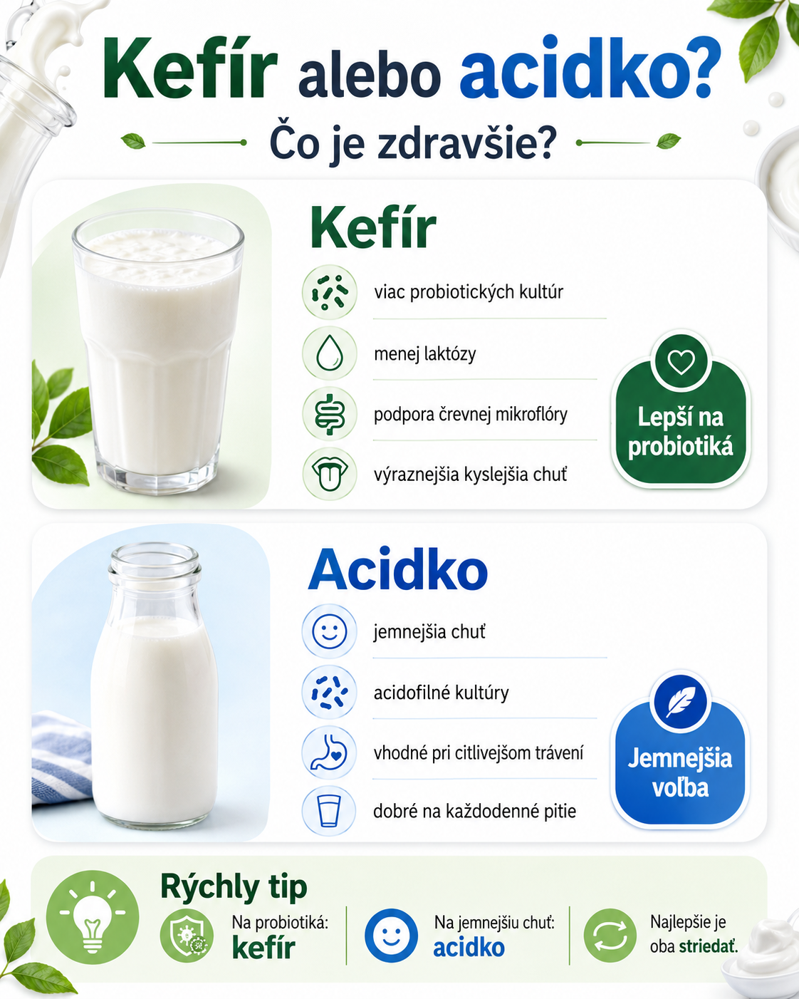 Kefír a acidko patria medzi obľúbené kyslomliečne nápoje, ktoré podporujú trávenie a črevnú mikroflóru. Kefír je vhodnejší najmä pre vyšší obsah probiotických kultúr, zatiaľ čo acidko ocenia ľudia, ktorí preferujú jemnejšiu chuť a ľahší nápoj na každodenné pitie.
