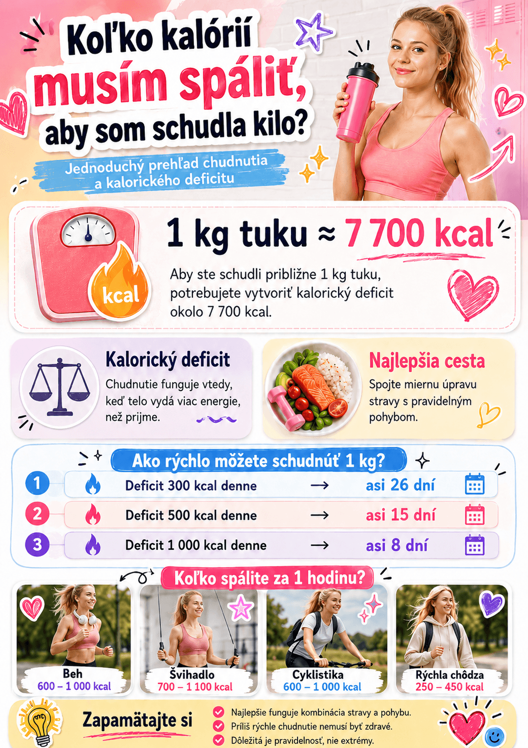 Na schudnutie približne 1 kg tuku je potrebné vytvoriť kalorický deficit okolo 7 700 kcal. Najlepšie funguje kombinácia rozumnej úpravy stravy, pravidelného pohybu a postupného tempa chudnutia.