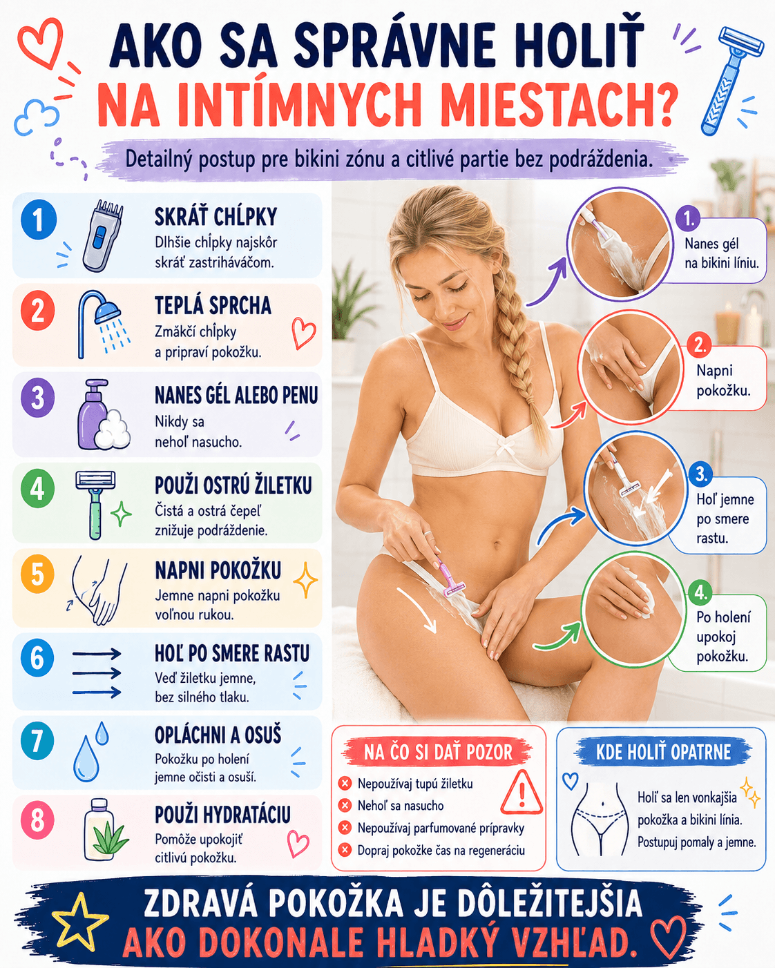 Pri holení intímnych partií je dôležité pokožku najskôr pripraviť, použiť ostrú žiletku a holiaci gél a postupovať jemne v smere rastu chĺpkov. Po holení pomáha pokožku upokojiť hydratácia a vyhnúť sa zbytočnému treniu.
