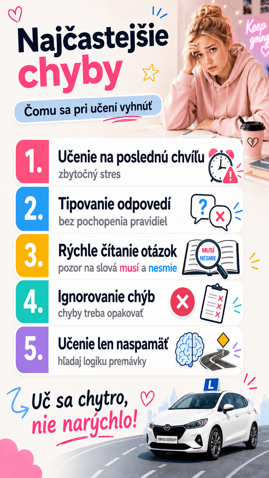 Medzi najčastejšie chyby pri učení testov na vodičák patrí učenie na poslednú chvíľu, tipovanie odpovedí, rýchle čítanie otázok, ignorovanie chýb a učenie sa bez pochopenia pravidiel.