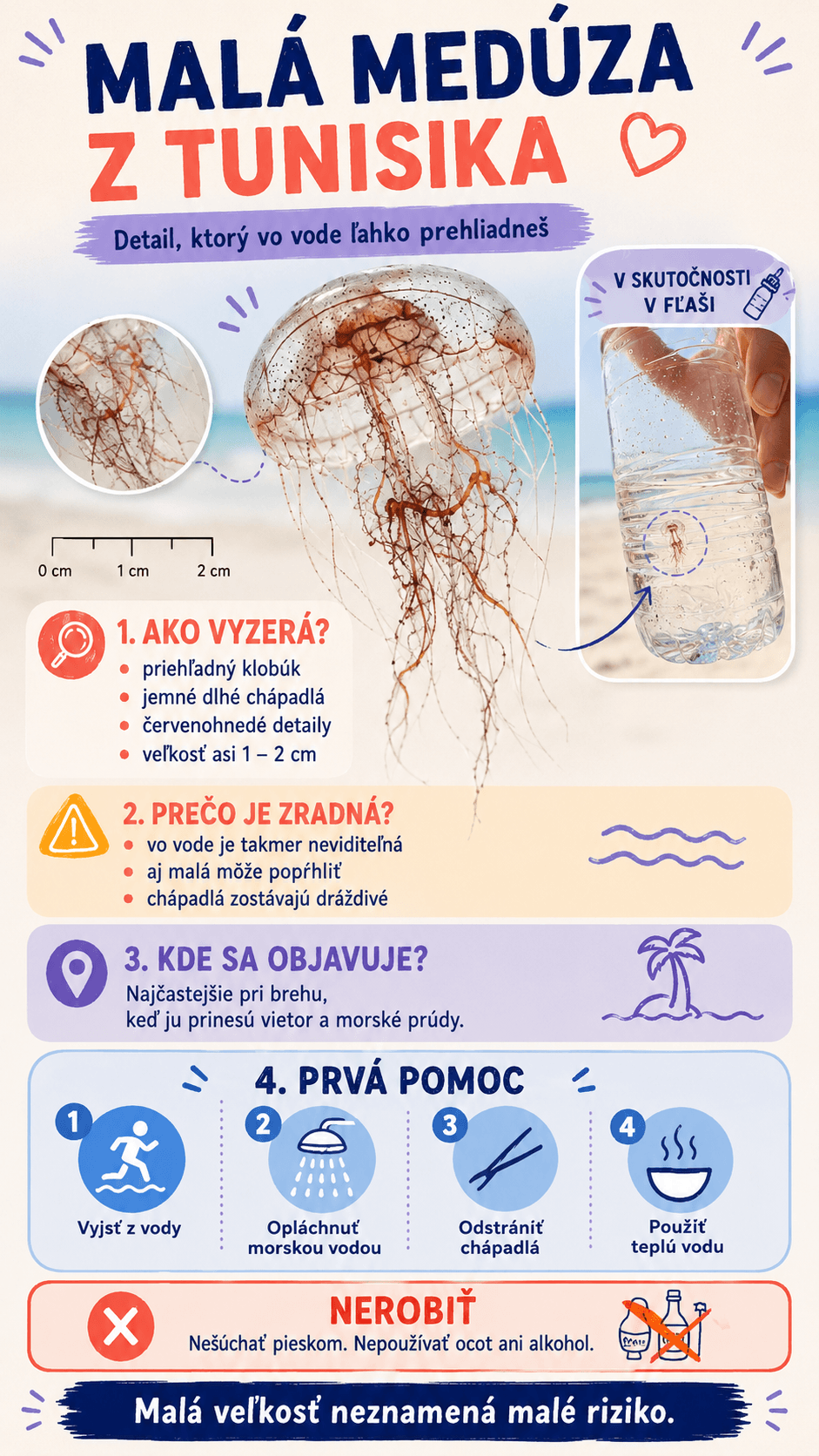 Drobné medúzy s veľkosťou približne 1 až 2 centimetre sa vo vode ľahko prehliadnu, no ich jemné chápadlá obsahujú pŕhlivé bunky.