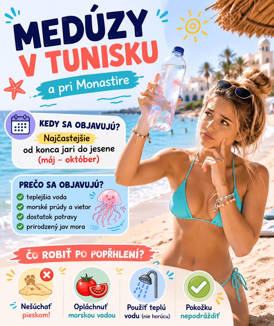 V Tunisku ich dovolenkári najčastejšie zaznamenávajú od mája do októbra, pričom aj malé a takmer priehľadné jedince môžu nepríjemne popŕhliť.