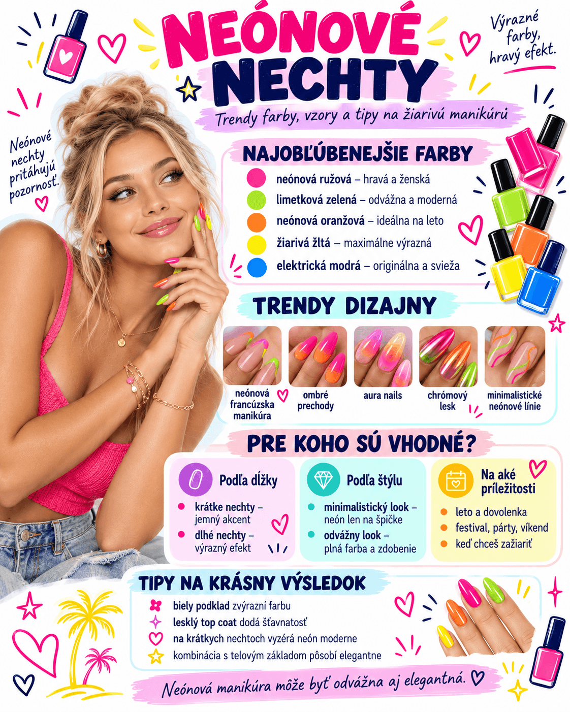 Neónové nechty vyniknú sýtymi farbami, ako sú ružová, limetková zelená, oranžová, žltá či elektrická modrá. Moderné sú francúzske špičky, ombré prechody, aura efekt, chrómový lesk aj jemné neónové línie.