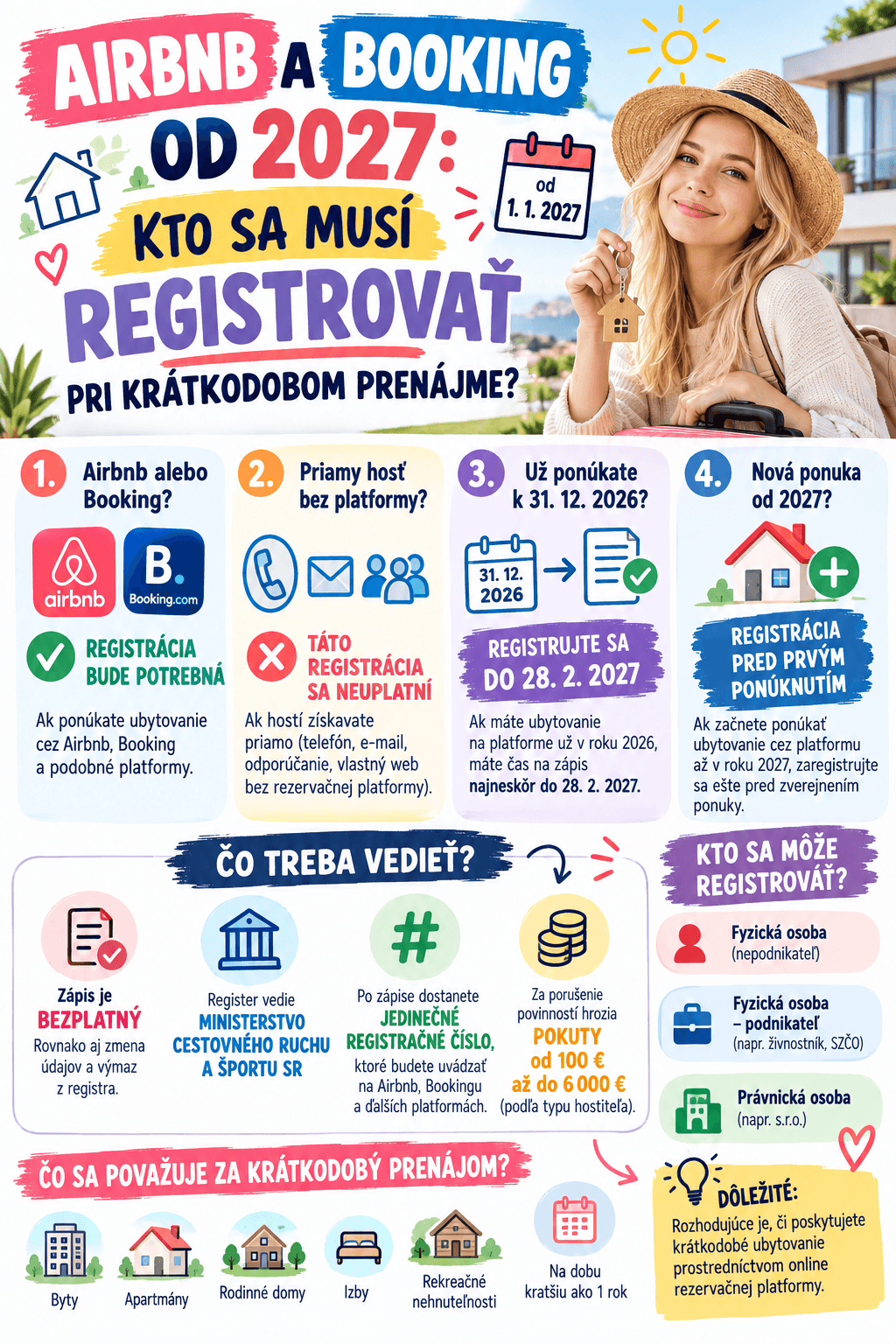 Od roku 2027 bude pri ponúkaní krátkodobého ubytovania cez Airbnb, Booking a podobné online platformy potrebná registrácia ubytovacej jednotky. Existujúce ponuky sa budú registrovať najneskôr do 28. februára 2027, nové ešte pred prvým zverejnením.