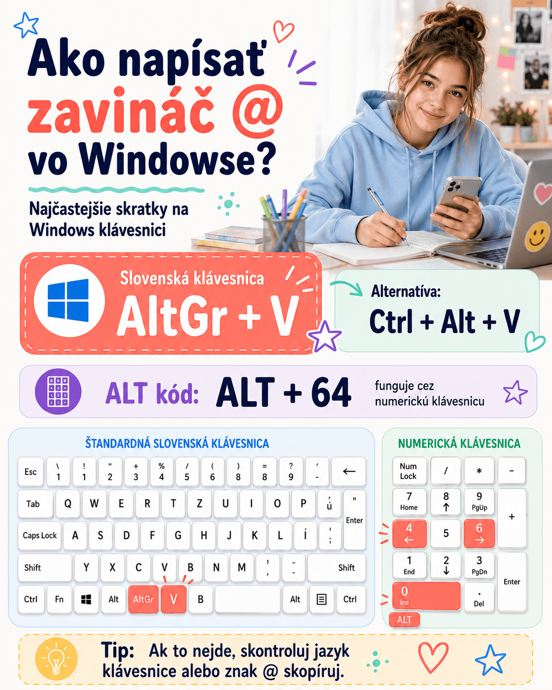 Vo Windowse sa zavináč najčastejšie píše cez AltGr + V. Použiť môžete aj Ctrl + Alt + V alebo ALT + 64 cez numerickú klávesnicu.