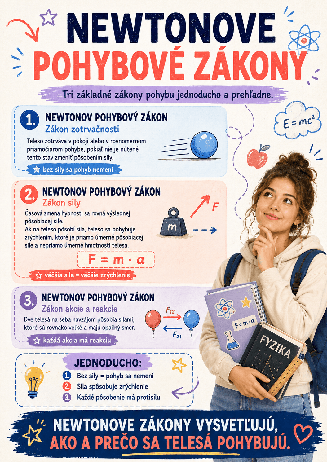 Newtonove pohybové zákony vysvetľujú, prečo teleso zostáva v pokoji alebo v pohybe, ako sila ovplyvňuje zrýchlenie a prečo každé pôsobenie vyvoláva opačnú reakciu.